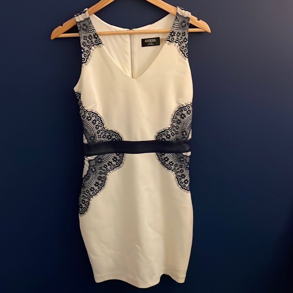 Guess white dress with blue floral lace detail